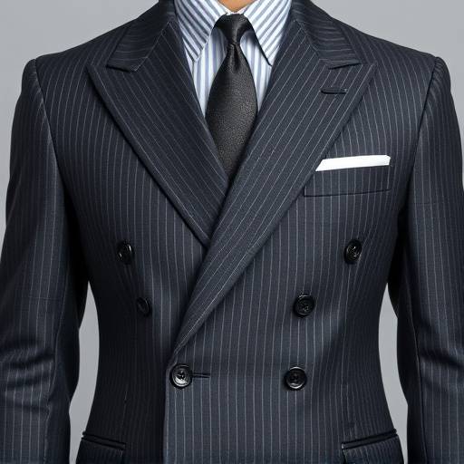 A charcoal grey, double-breasted wool suit with a classic pinstripe pattern.