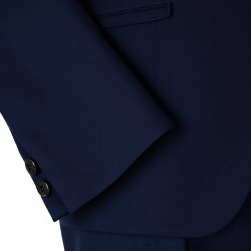 A sharp, single-breasted navy wool suit with subtle texture, featuring a two-button closure and notch lapels.