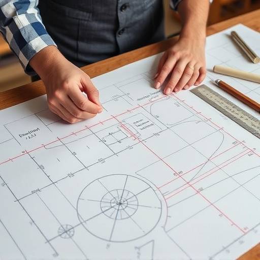 A skilled tailor carefully drafting a suit pattern onto paper using chalk and rulers.