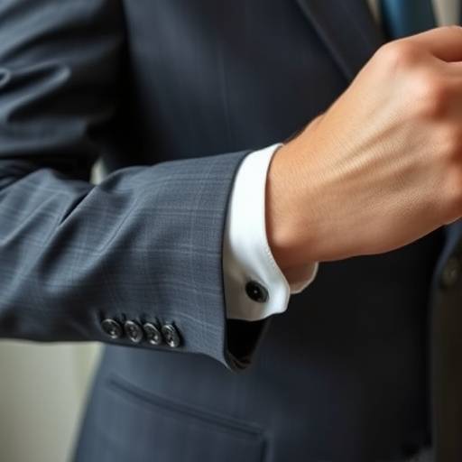 A tailor hand-stitching a suit sleeve during a fitting session.