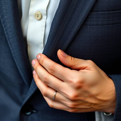 Close-up of a tailor's hands expertly hand-stitching a suit jacket lapel.